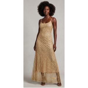 Gold Sheer Dress Sparkle Overlay size Large